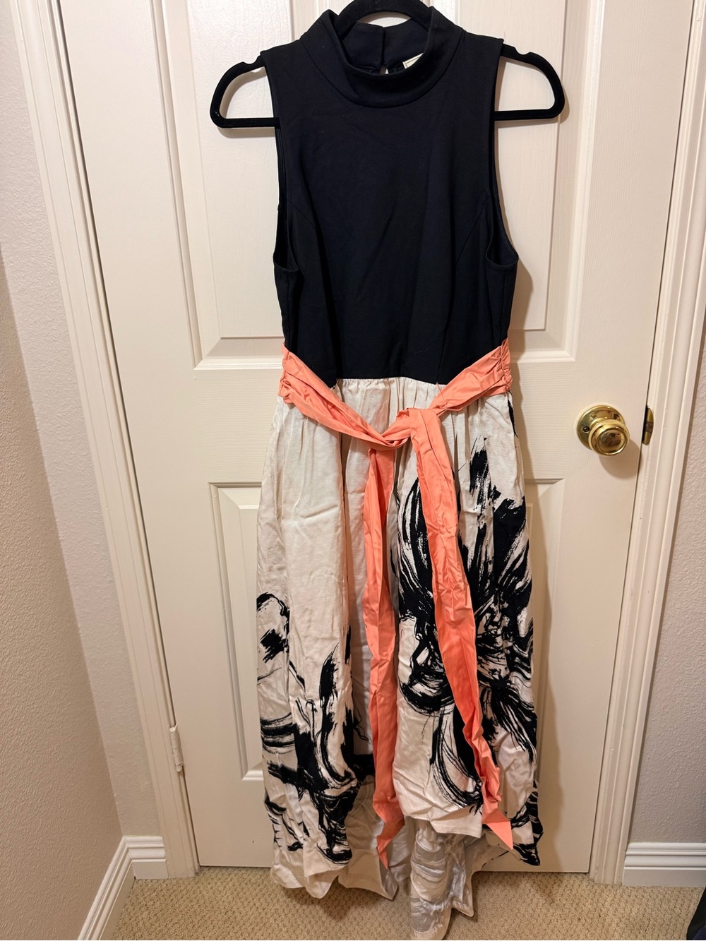 Moulinette Soeurs Black Bodice White Floral High-Low Dress with Coral Sash